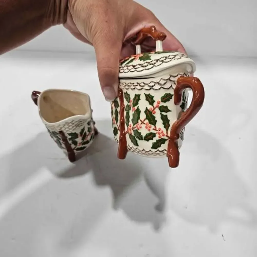 Christmas Holly Creamer and Sugar Bowl Set